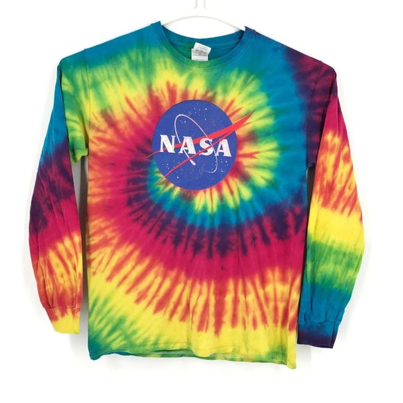NASA Mens Shirt Medium Red Rainbow Tie Dye Long Sleeve Pullover Spiral Space - Picture 1 of 16
